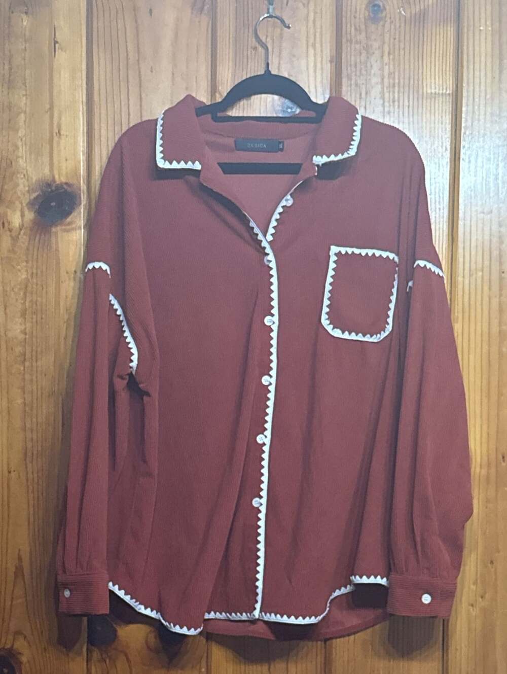 Zesica Button Down Shirt XL Brick Red White Stitching Long Sleeve cottagecore
